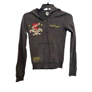 Vintage Ed Hardy Zip-Up Hoodie Womens S Black Skull Rhinestone Tattoo Graphics